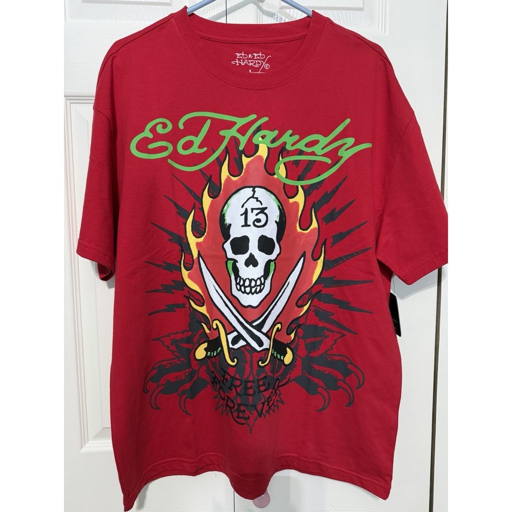 Ed Hardy Y2K Men's Red Skull W/ Flame‎ Tshirt Size Large NWT
